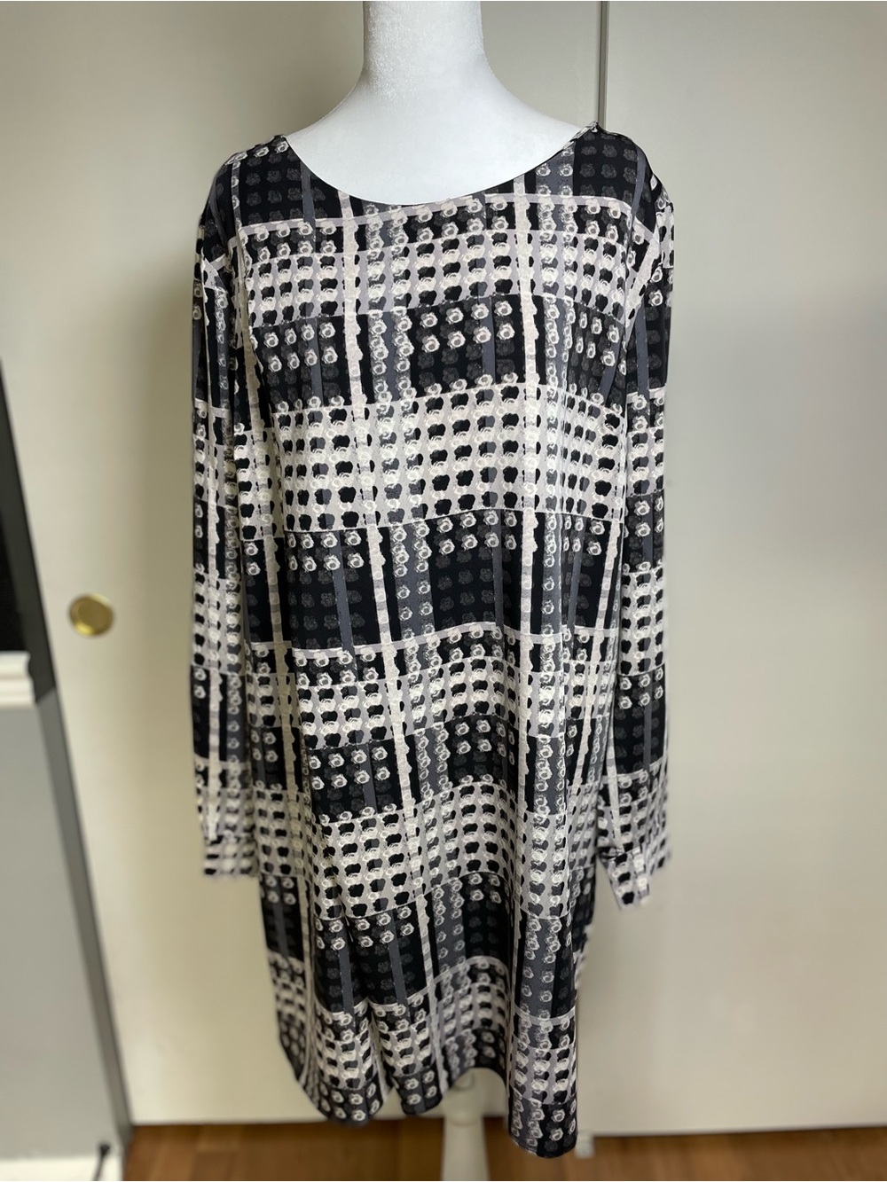 Thakoon Black and White Grid-Print Long Sleeve Dress